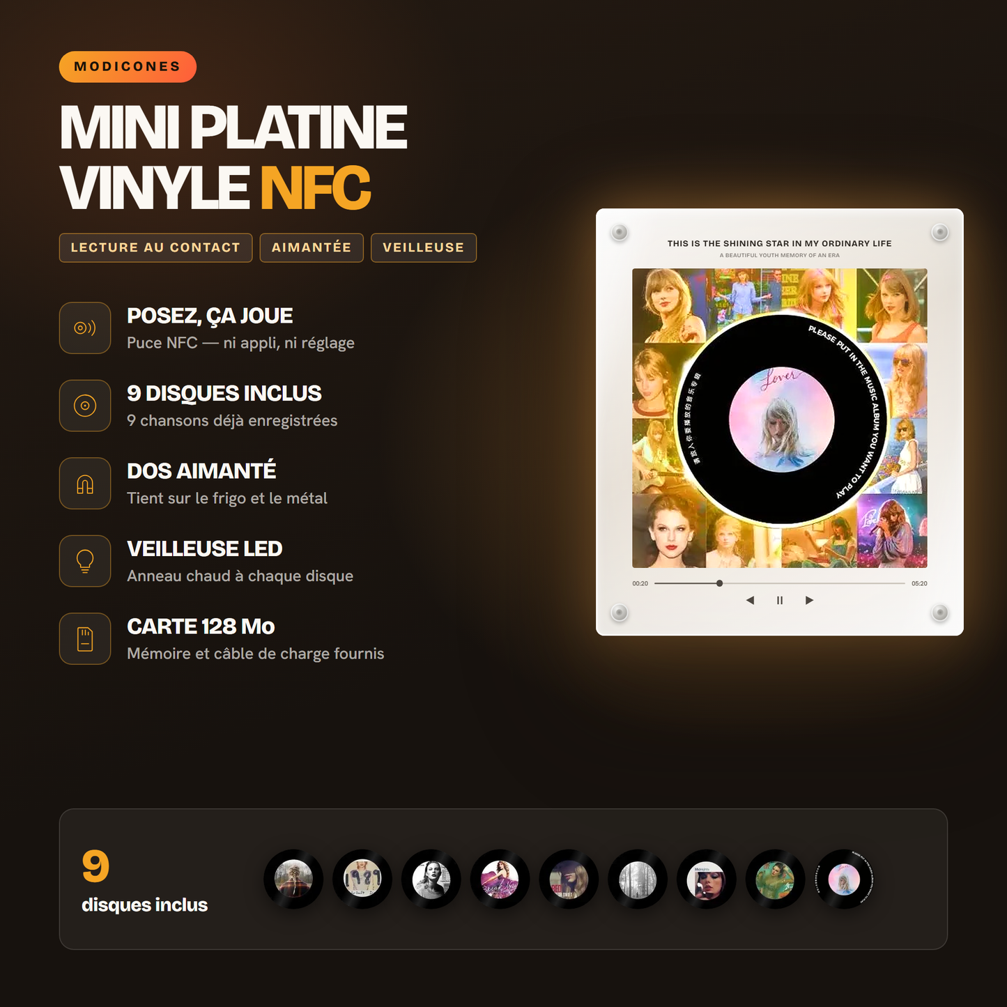 Lecture NFC au contact, 9 disques inclus, dos aimanté, veilleuse LED