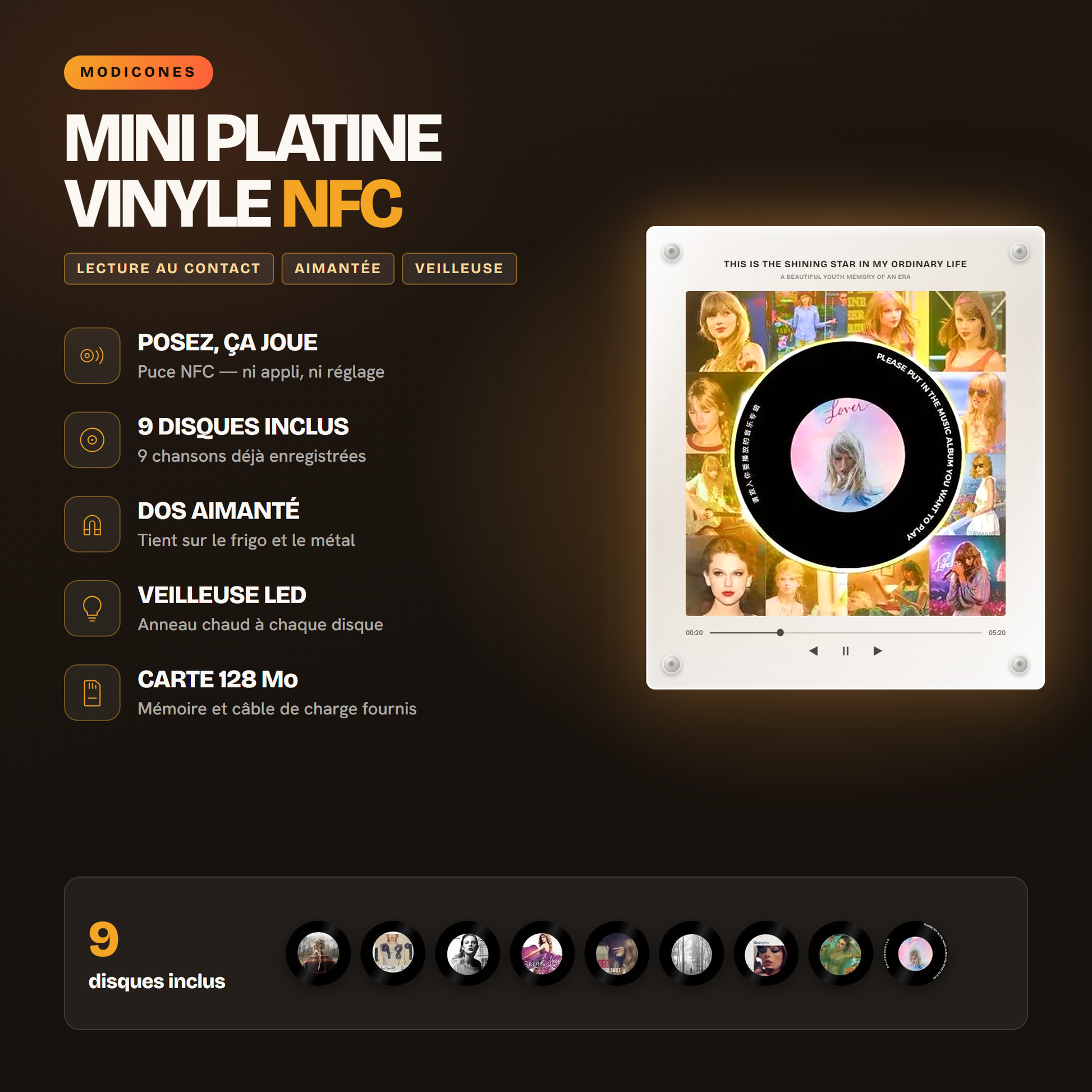 Lecture NFC au contact, 9 disques inclus, dos aimanté, veilleuse LED