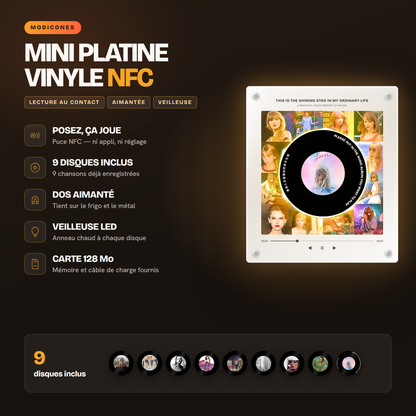 Lecture NFC au contact, 9 disques inclus, dos aimanté, veilleuse LED