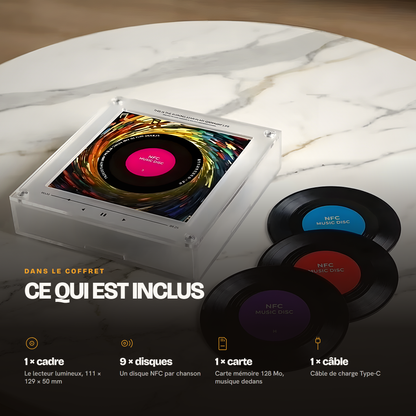 Contenu du coffret : 1 cadre lumineux, 9 disques NFC, 1 carte mémoire, 1 câble de charge Type-C